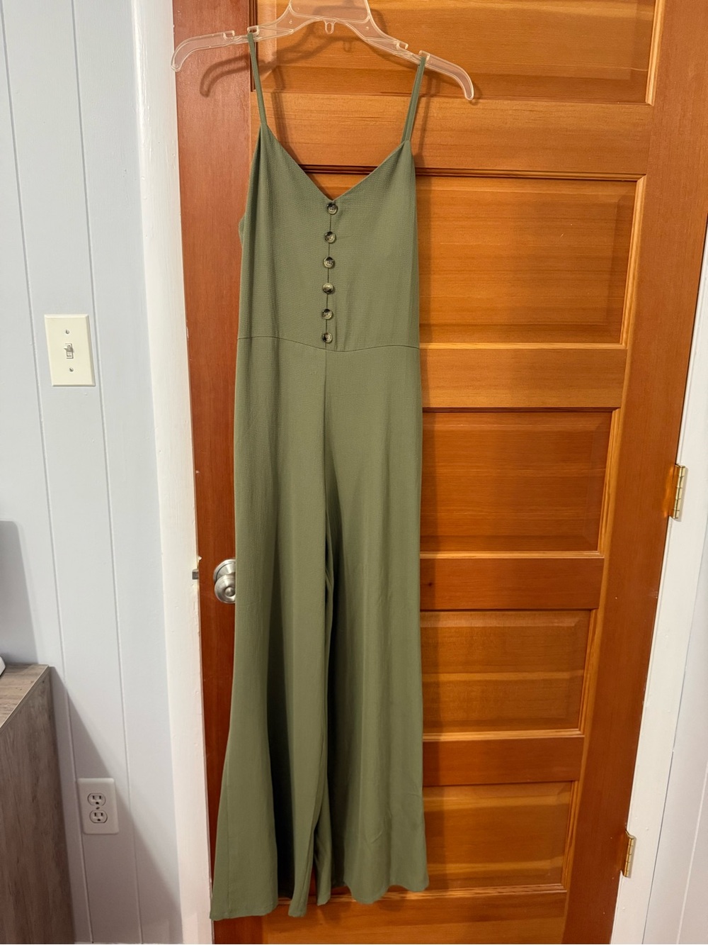 Olive Green Button-Front Wide Leg Jumpsuit